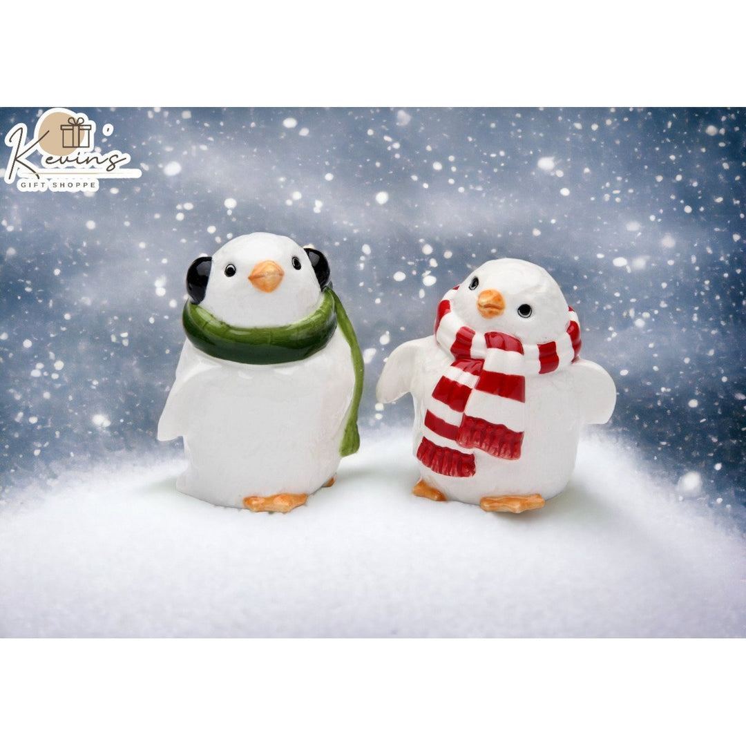 Hand Painted Ceramic Christmas Penguin Couple Salt Pepper Shakers 2 1/4 inch Image 1