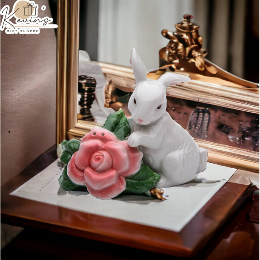 Ceramic Rabbit With Rose Flower Salt and Pepper ShakersHome DcorKitchen DcorSpring DcorEaster Dcor Image 1