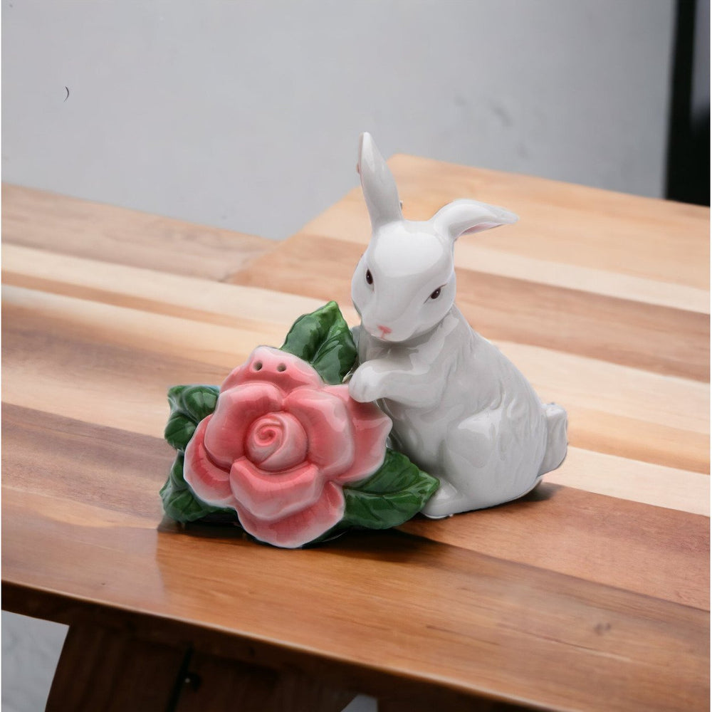 Ceramic Rabbit With Rose Flower Salt and Pepper ShakersHome DcorKitchen DcorSpring DcorEaster Dcor Image 2