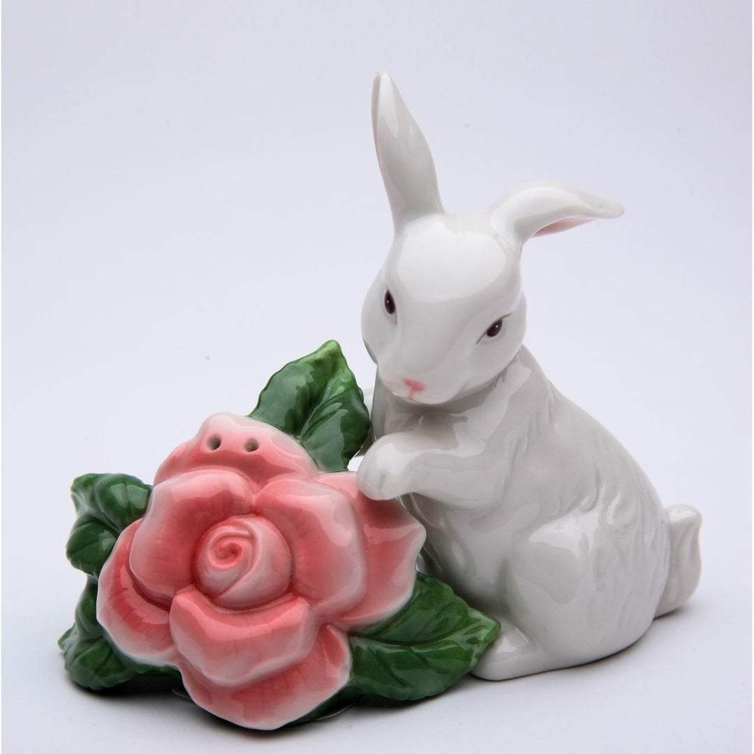 Ceramic Rabbit Salt and Pepper Shakers with Rose Flower Spring Gift Image 3