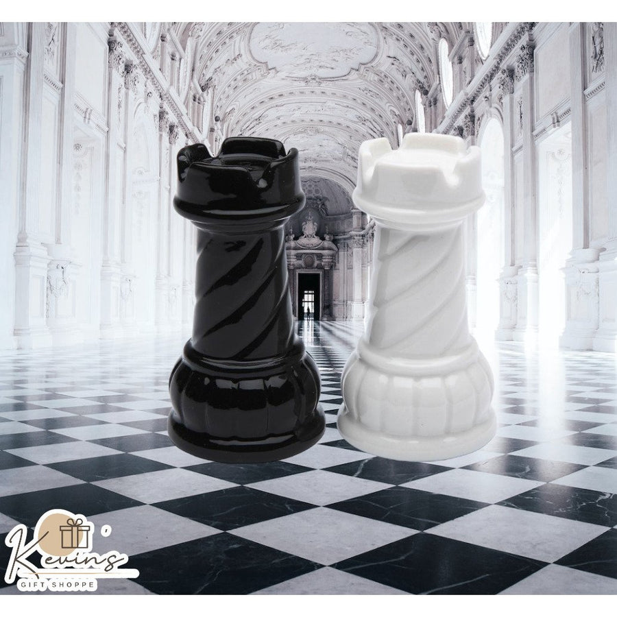 Ceramic Black White Rook Chess Piece Salt Pepper Shakers Gift 2.75" Image 1