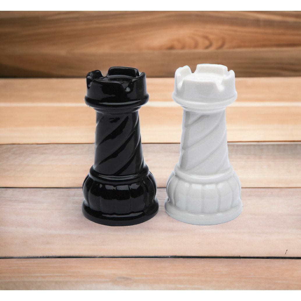 Ceramic Black White Rook Chess Piece Salt Pepper Shakers Gift 2.75" Image 2