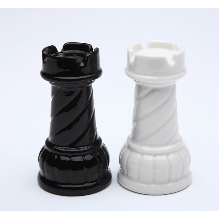 Ceramic Black White Rook Chess Piece Salt Pepper Shakers Gift 2.75" Image 3