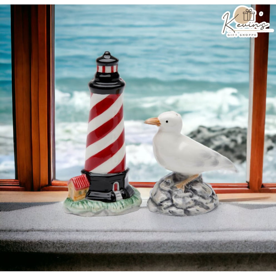 Kevins Gift Shoppe Ceramic Light House and Sea Gull Salt and Pepper Shakers Image 1