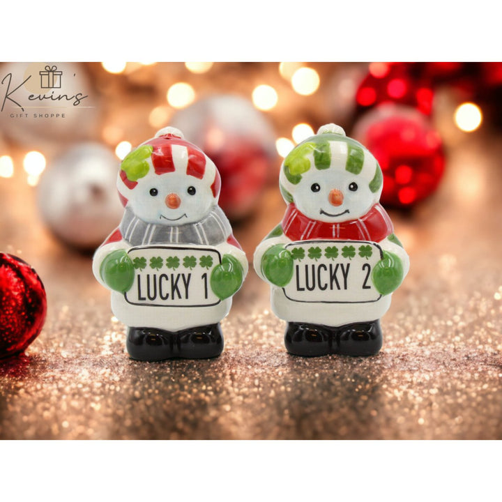 Irish Snowman Ceramic Salt and Pepper Shakers Hand Painted Gift Image 1