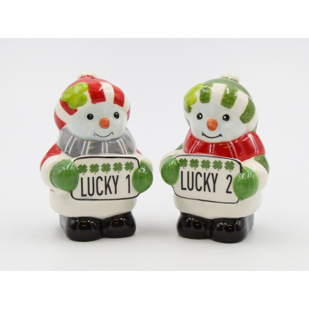 Irish Snowman Ceramic Salt and Pepper Shakers Hand Painted Gift Image 2