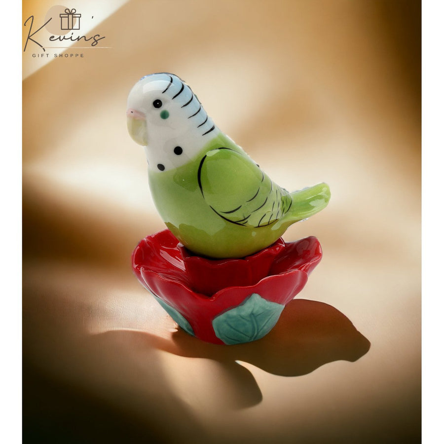 Ceramic Parakeet Bird on Flower Magnetic Salt and Pepper ShakersHome DcorKitchen Dcor, Image 1