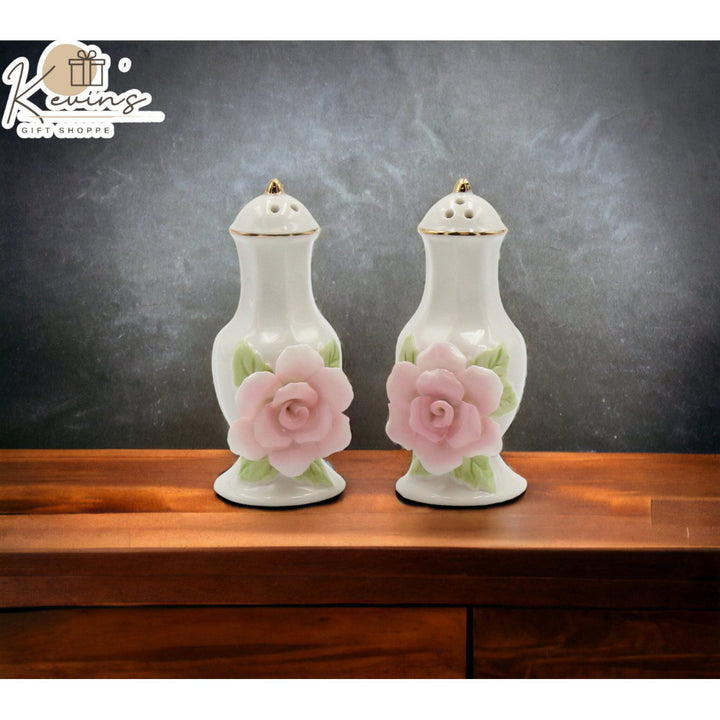 Ceramic Pink Rose Salt and Pepper Shakers Gold Trim Image 1