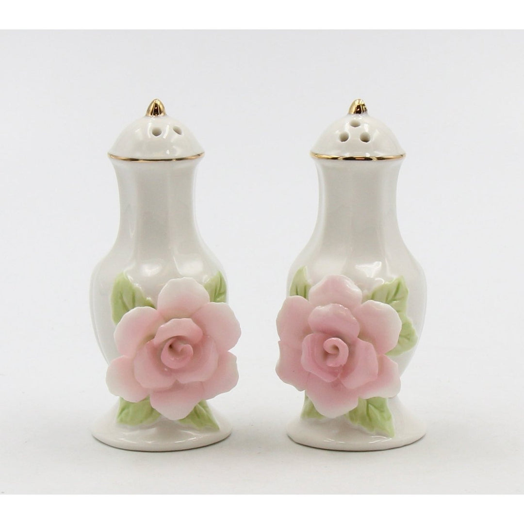 Ceramic Pink Rose Salt and Pepper Shakers Gold Trim Image 2