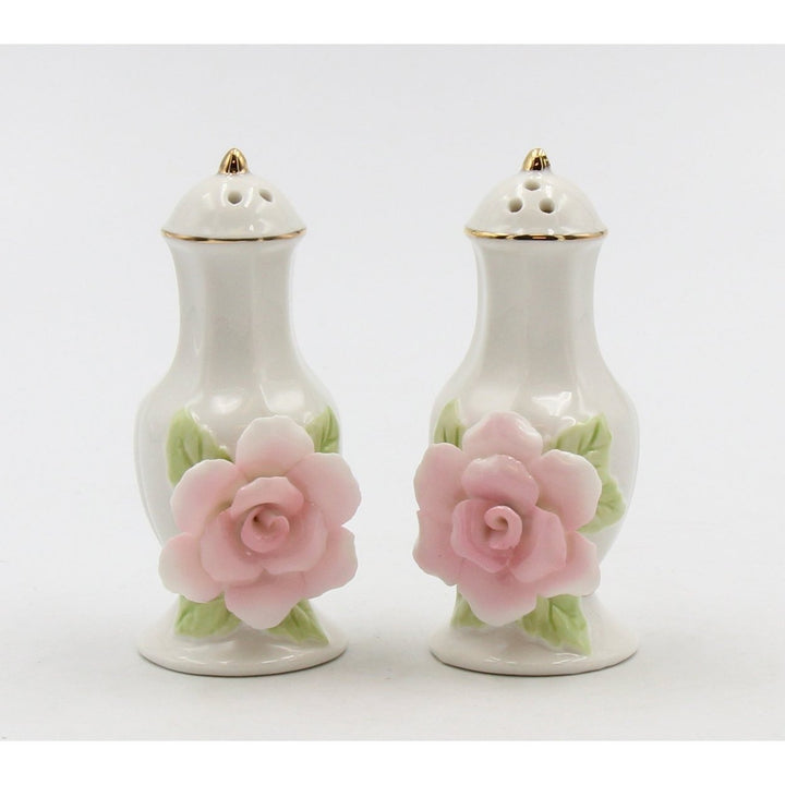 Ceramic Pink Rose Salt and Pepper Shakers Gold Trim Image 2