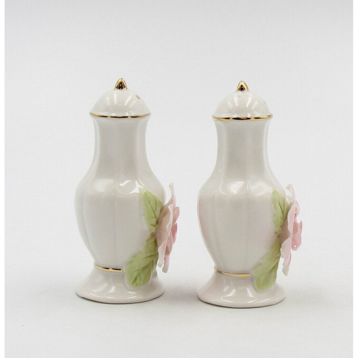 Ceramic Pink Rose Salt and Pepper Shakers Gold Trim Image 3