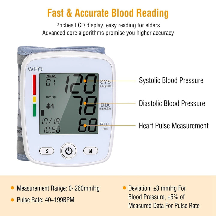 Blood Pressure Monitor Wrist Digital High Blood Pressure Cuff Heartbeat Tester Image 3