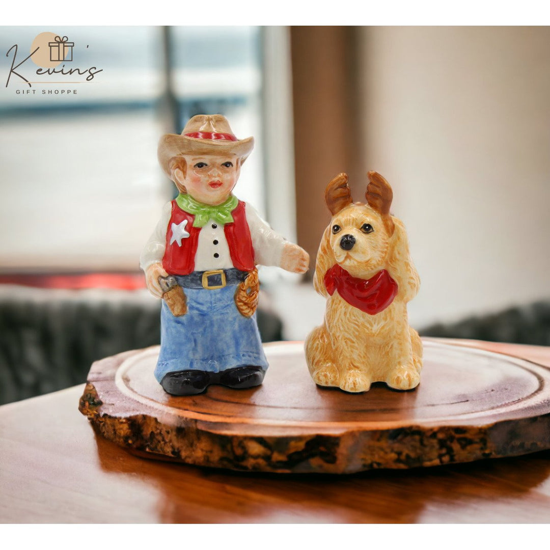 Kevins Gift Shoppe Ceramic Cowboy With Dog Salt and Pepper Shakers Image 1