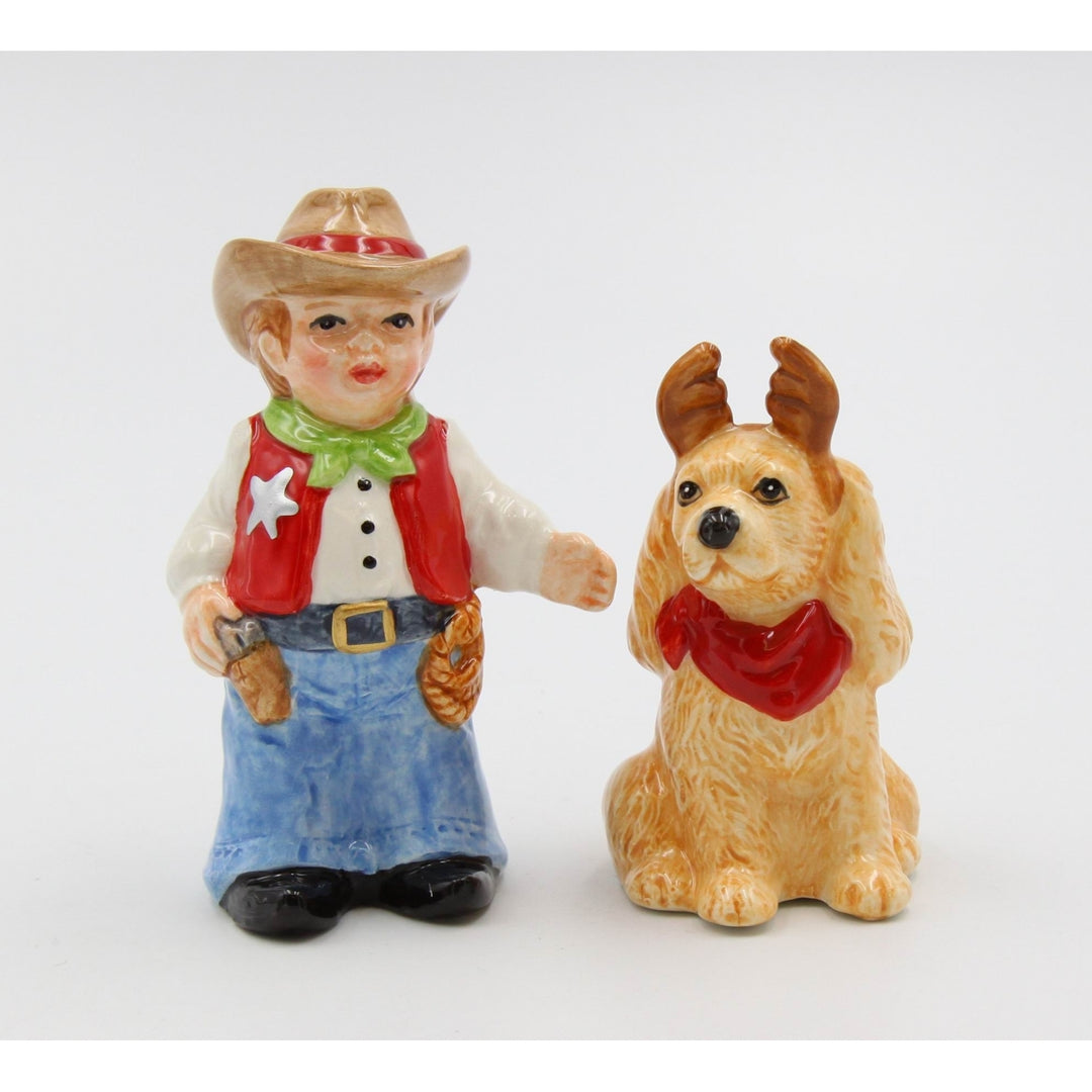 Kevins Gift Shoppe Ceramic Cowboy With Dog Salt and Pepper Shakers Image 2