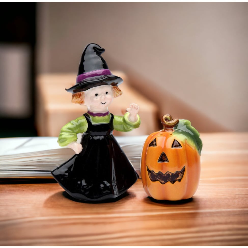 Ceramic Pumpkin and Witch Salt and Pepper Shakers Fall Halloween Image 2