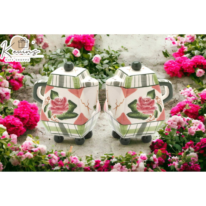 Ceramic Pink Rose Pitcher Salt and Pepper Shakers 3x2x3 3/8 Gift Image 1