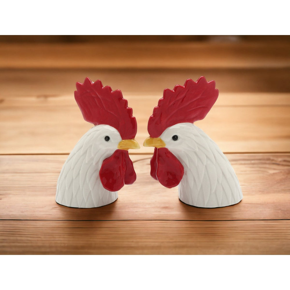 Ceramic Rooster Head Salt Pepper Shakers Hand Painted Farmhouse Image 2