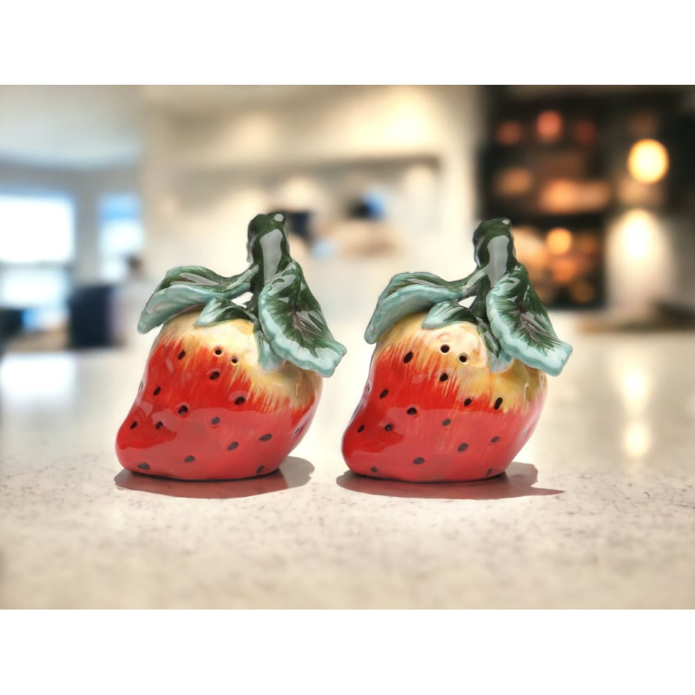 Hand Painted Ceramic Strawberry Salt and Pepper Shakers Image 2