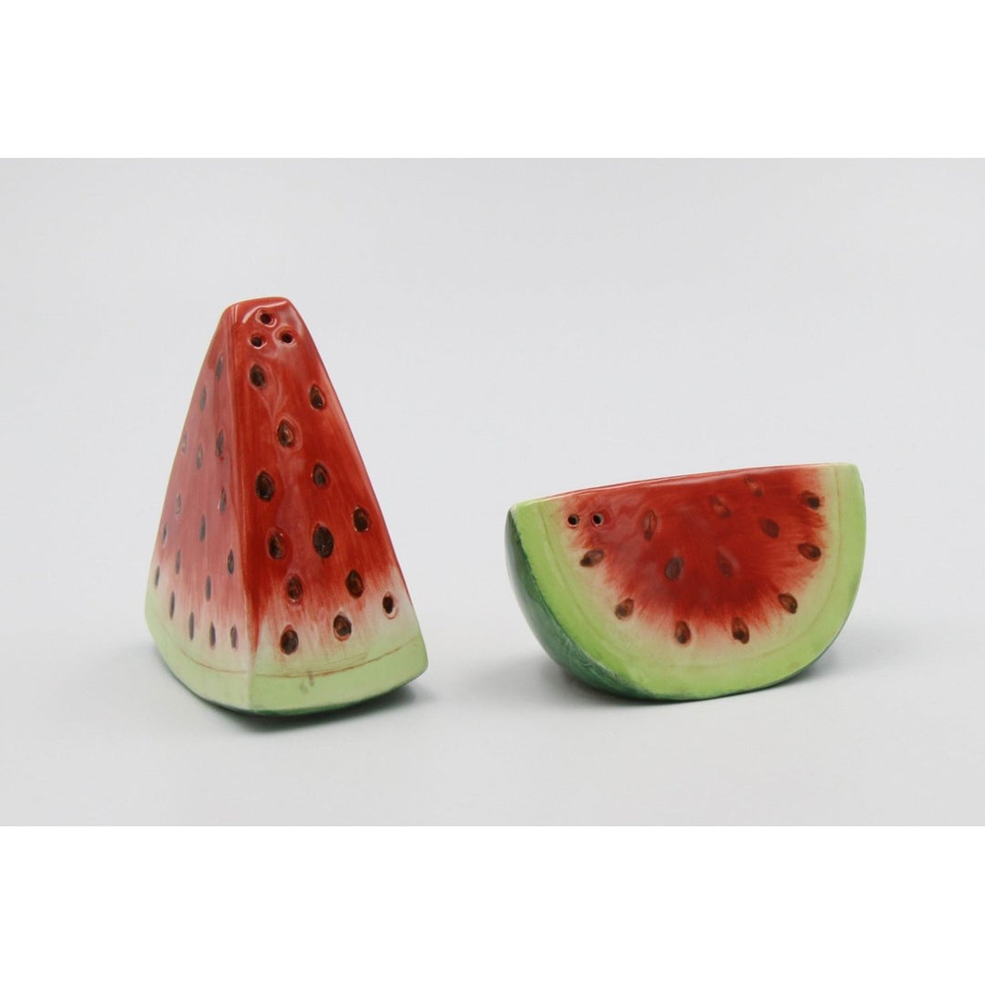 Hand Painted Ceramic Watermelon Salt and Pepper Shakers 3 inch Image 3