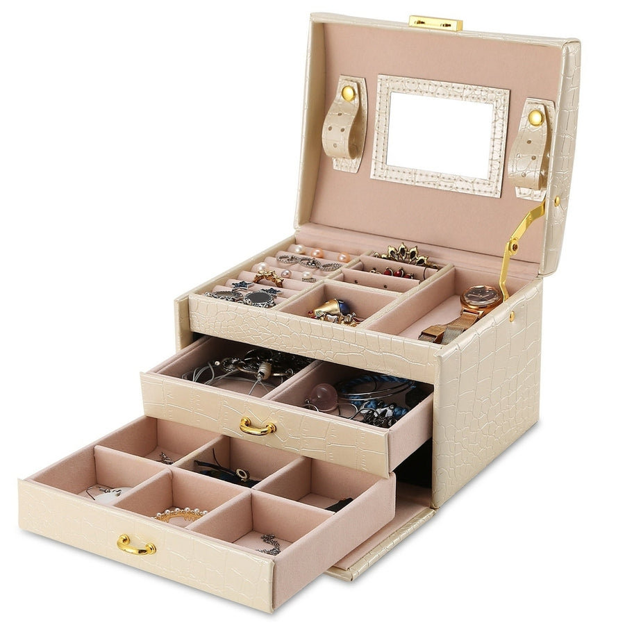 Jewelry Case Organizer 3-layer Lockable Travel Jewelry Box PU Leather Storage Display Case with Mirror Protective Image 1