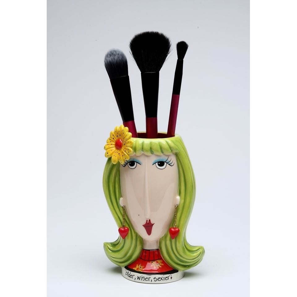 Ceramic Lady Makeup Brush Pen Holder Daisy Flower 4x3x5 3/4 Gift Image 3