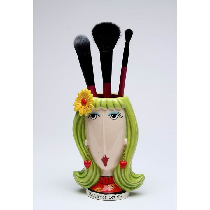 Ceramic Lady Makeup Brush Pen Holder Daisy Flower 4x3x5 3/4 Gift Image 3