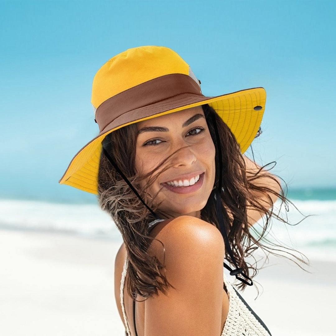 Women Summer Sun Bucket Hats Foldable UV Protection Cotton Cap Wide Brim Floppy Cap Packable Ponytail Mesh Travel Hat Image 3