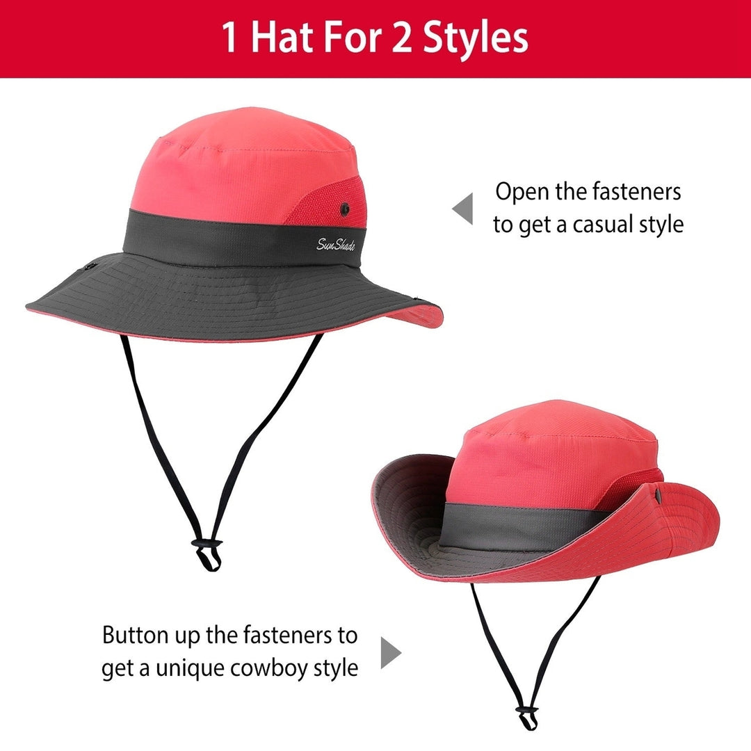 Women Summer Sun Bucket Hats Foldable UV Protection Cotton Cap Wide Brim Floppy Cap Packable Ponytail Mesh Travel Hat Image 4