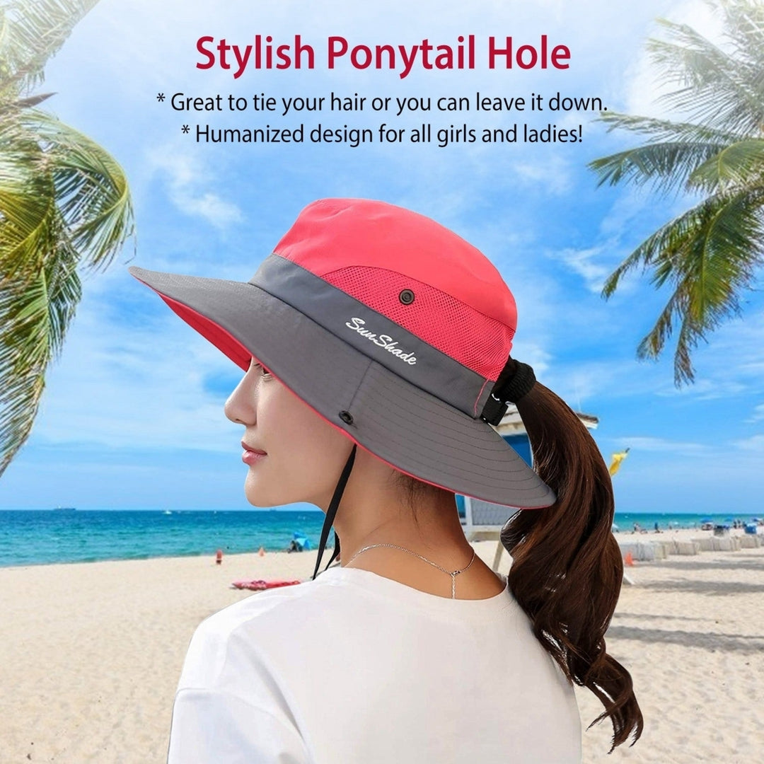 Women Summer Sun Bucket Hats Foldable UV Protection Cotton Cap Wide Brim Floppy Cap Packable Ponytail Mesh Travel Hat Image 10