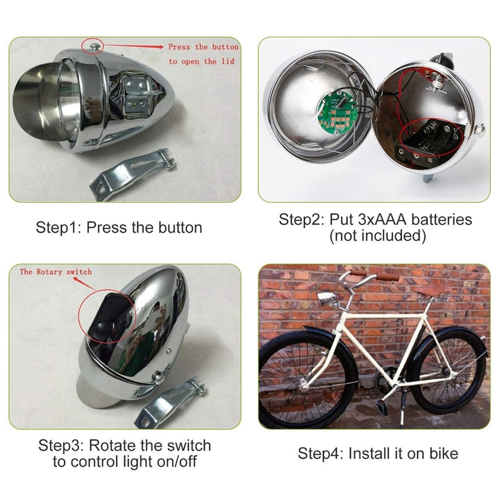 Vintage Bicycle Front Headlight Retro Metal Chrome Silver Shell Bright Bike LED Light Night Riding Safety Cycling Image 3