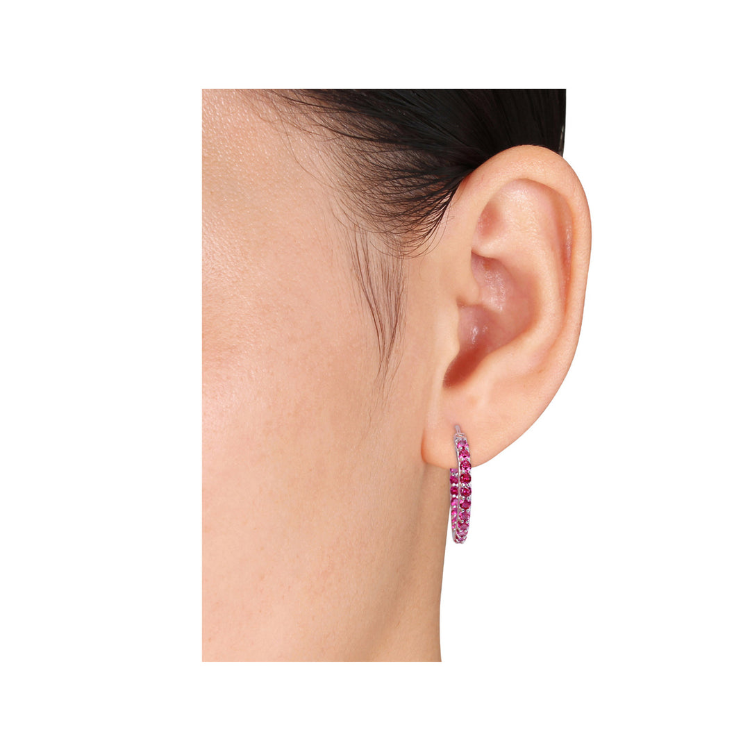 3.00 Carat (ctw) Lab-Created Ruby Hoop Earrings in Sterling Silver Image 4