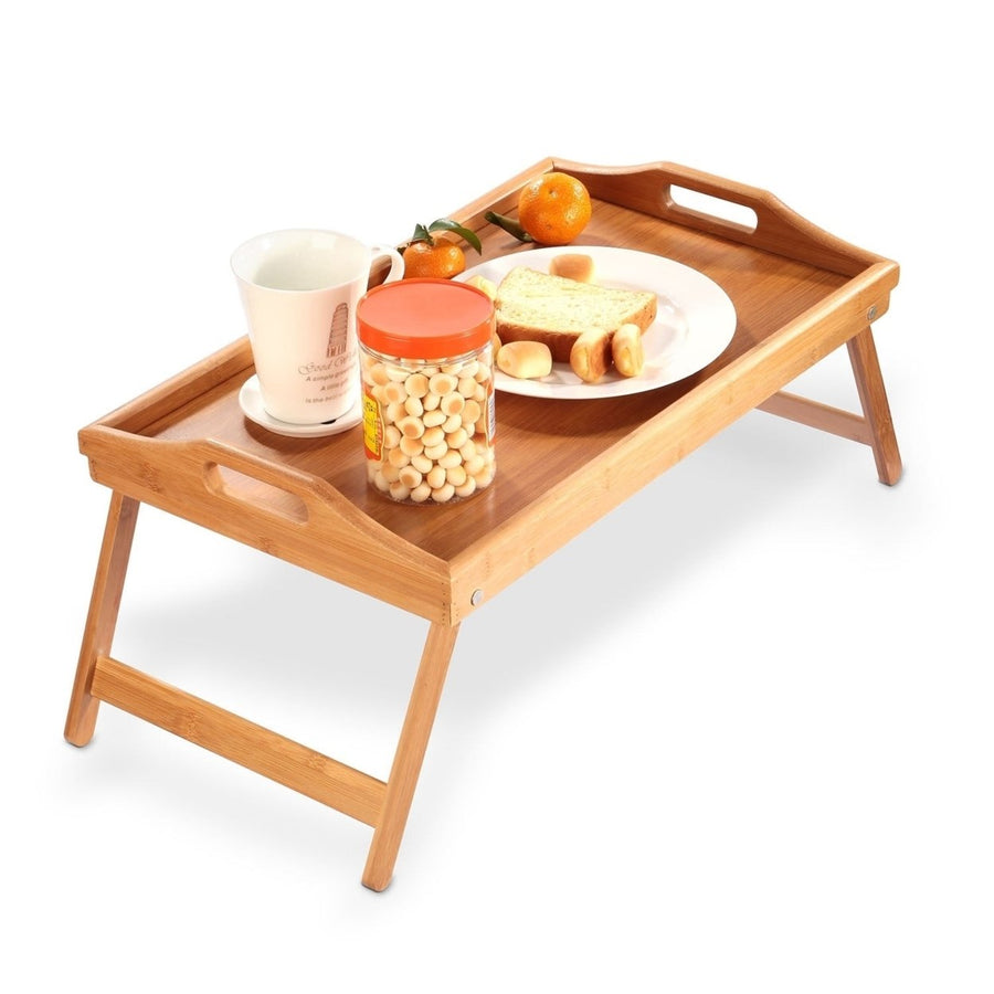 Bed Tray Table Breakfast Tray Bamboo Folding Bed Table Serving Snack Tray Desk with Handles Image 1