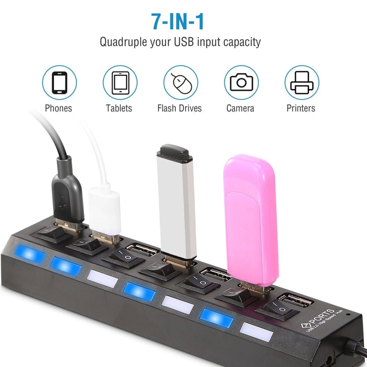 7 Port USB 2.0 Hub High Speed Multiport USB Hub with Individual Switches and LEDs Image 6