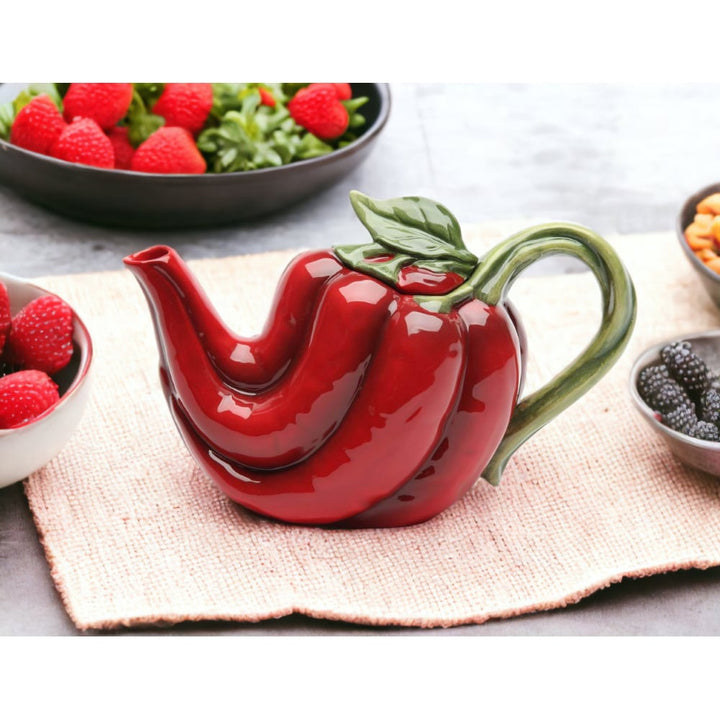 Hand Painted Ceramic Red Chili Pepper Teapot 12oz 7x3.5x5 Decor Image 2