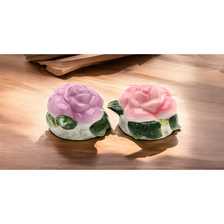 Hand Painted Ceramic Pink Purple Rose Salt Pepper Shakers 3in Image 2