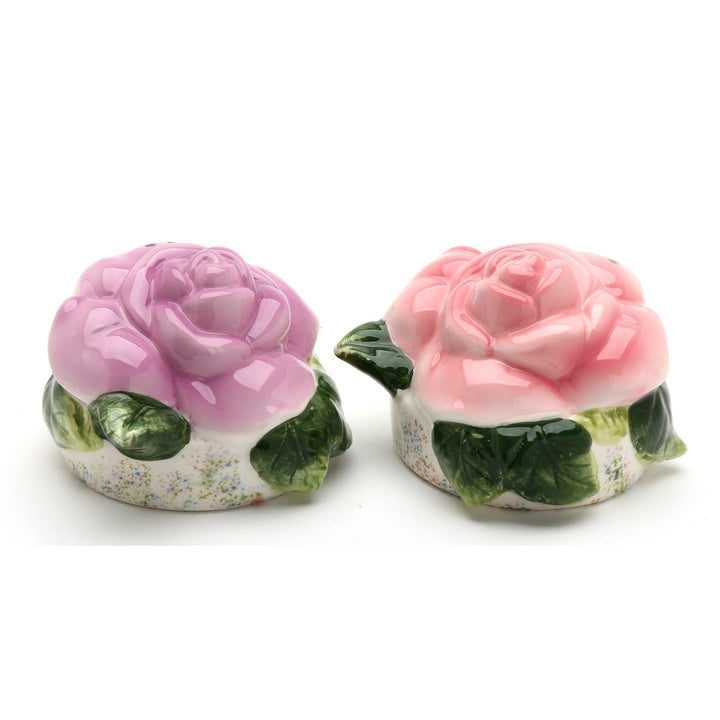 Hand Painted Ceramic Pink Purple Rose Salt Pepper Shakers 3in Image 3