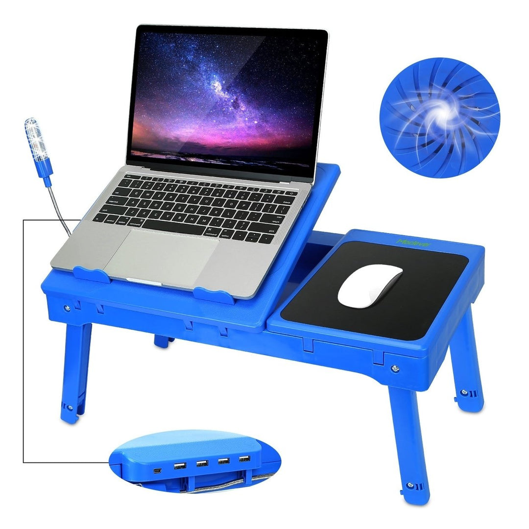 Foldable Laptop Table Bed Notebook Desk with Cooling Fan Mouse Board LED light 4 xUSB Ports Breakfast Snacking Tray Image 1