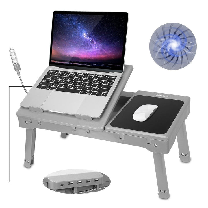 Foldable Laptop Table Bed Notebook Desk with Cooling Fan Mouse Board LED light 4 xUSB Ports Breakfast Snacking Tray Image 1