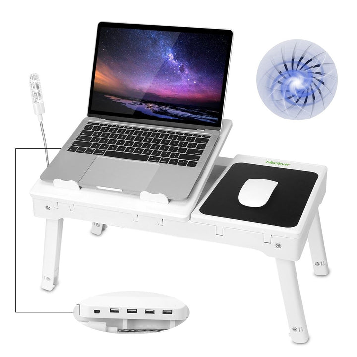 Foldable Laptop Table Bed Notebook Desk with Cooling Fan Mouse Board LED light 4 xUSB Ports Breakfast Snacking Tray Image 4