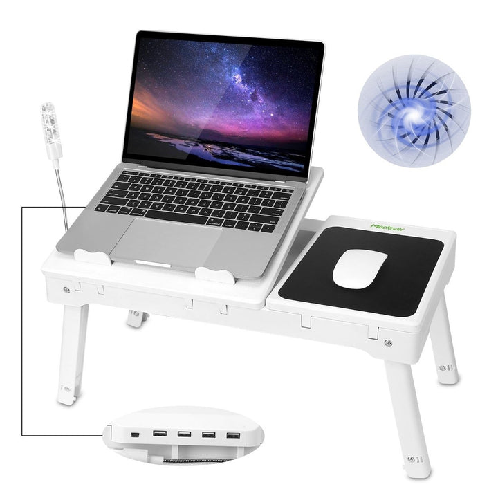 Foldable Laptop Table Bed Notebook Desk with Cooling Fan Mouse Board LED light 4 xUSB Ports Breakfast Snacking Tray Image 1