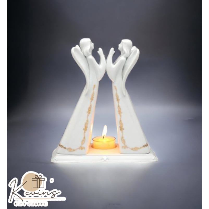 Ceramic 2 Angels Tea Light Candle Holder 6.75x3.75x7.625 Gift Image 1