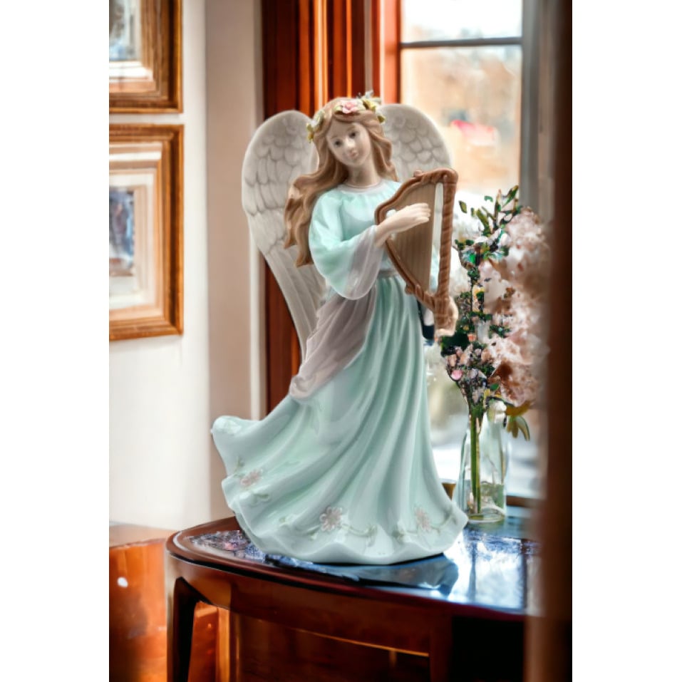 Ceramic Angel Harp Music Box 4.6" Religious Gift Baptism Decor Image 2