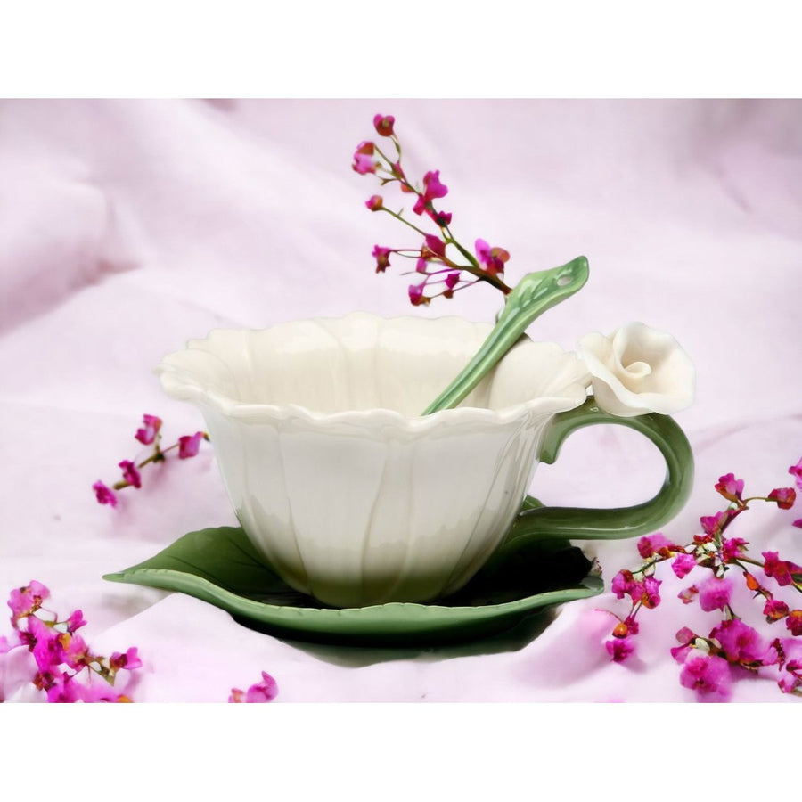 Ceramic White Daisy Flower Tea Cup and Saucer Set 6 Pieces Image 1