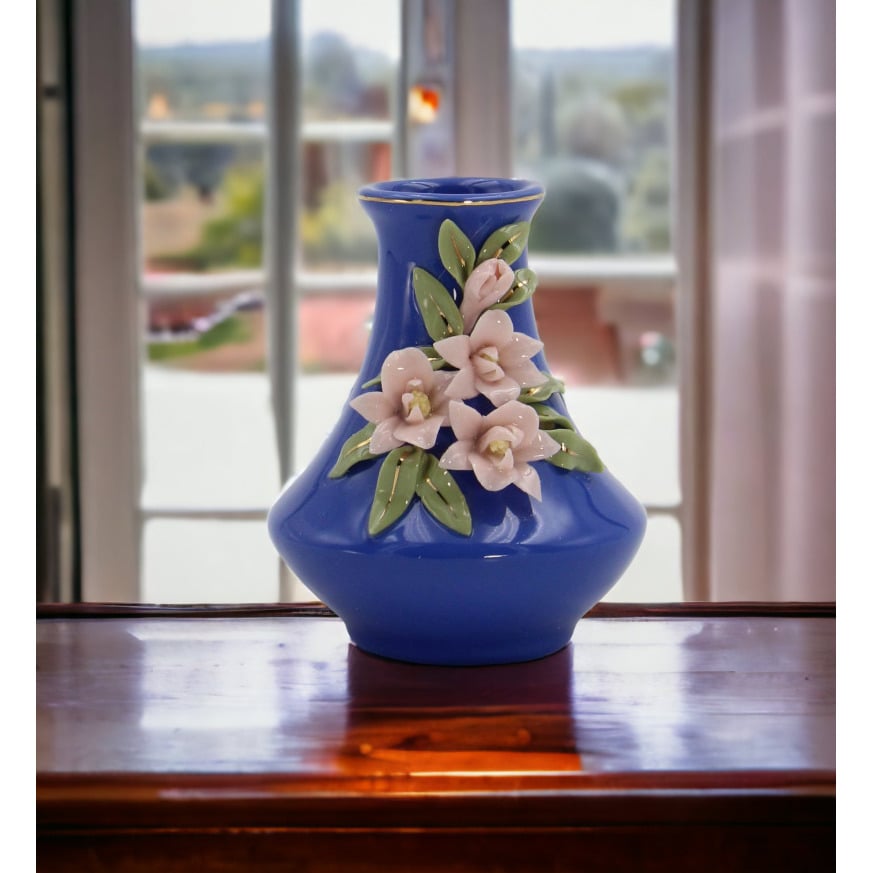 Mini Ceramic Sweet Pea Flower in Blue Vase 2.75in Image 1