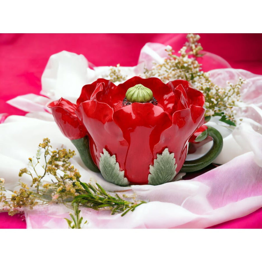 Ceramic Red Poppy Flower Teapot 6 oz Handcrafted Tea Party Gift Image 1