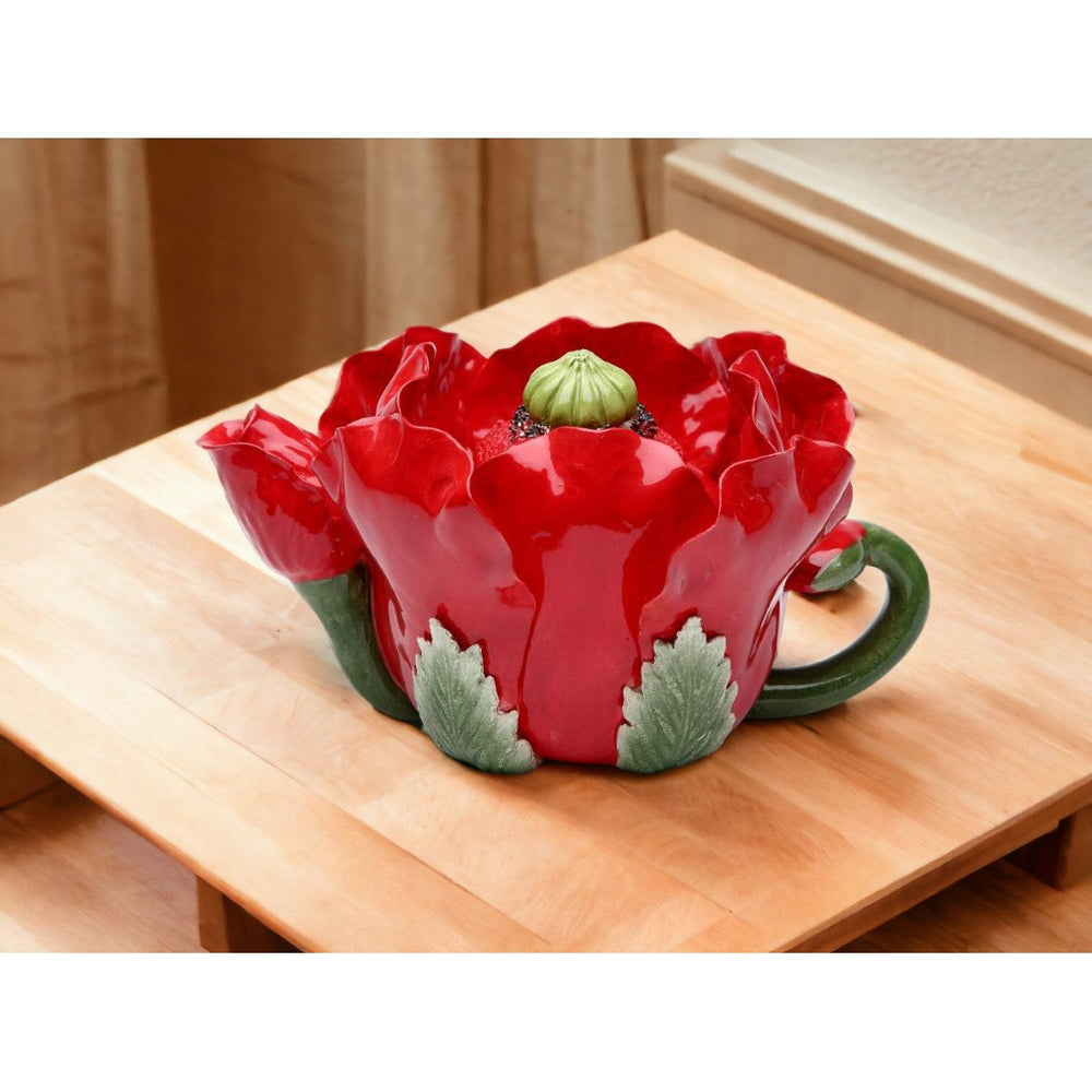 Ceramic Red Poppy Flower Teapot 6 oz Handcrafted Tea Party Gift Image 2