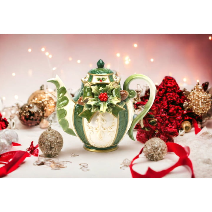 Ceramic Christmas Holly Teapot 9.25" 44oz Holiday Kitchen Decor Image 1