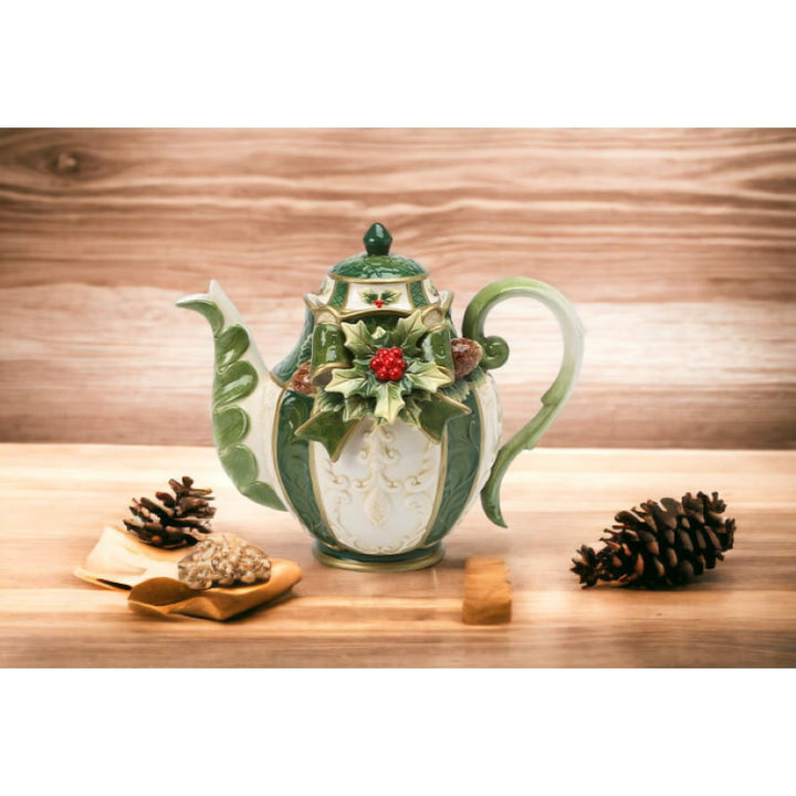 Ceramic Christmas Holly Teapot 9.25" 44oz Holiday Kitchen Decor Image 2