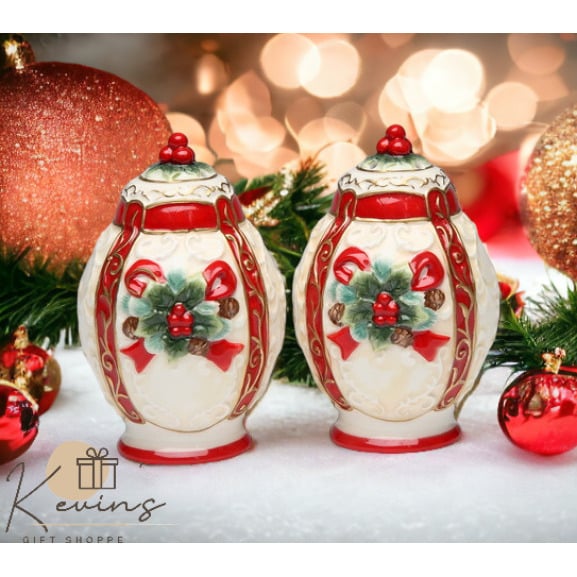 Poinsettia Ceramic Salt and Pepper Shakers 2.38in Christmas Gift Image 1