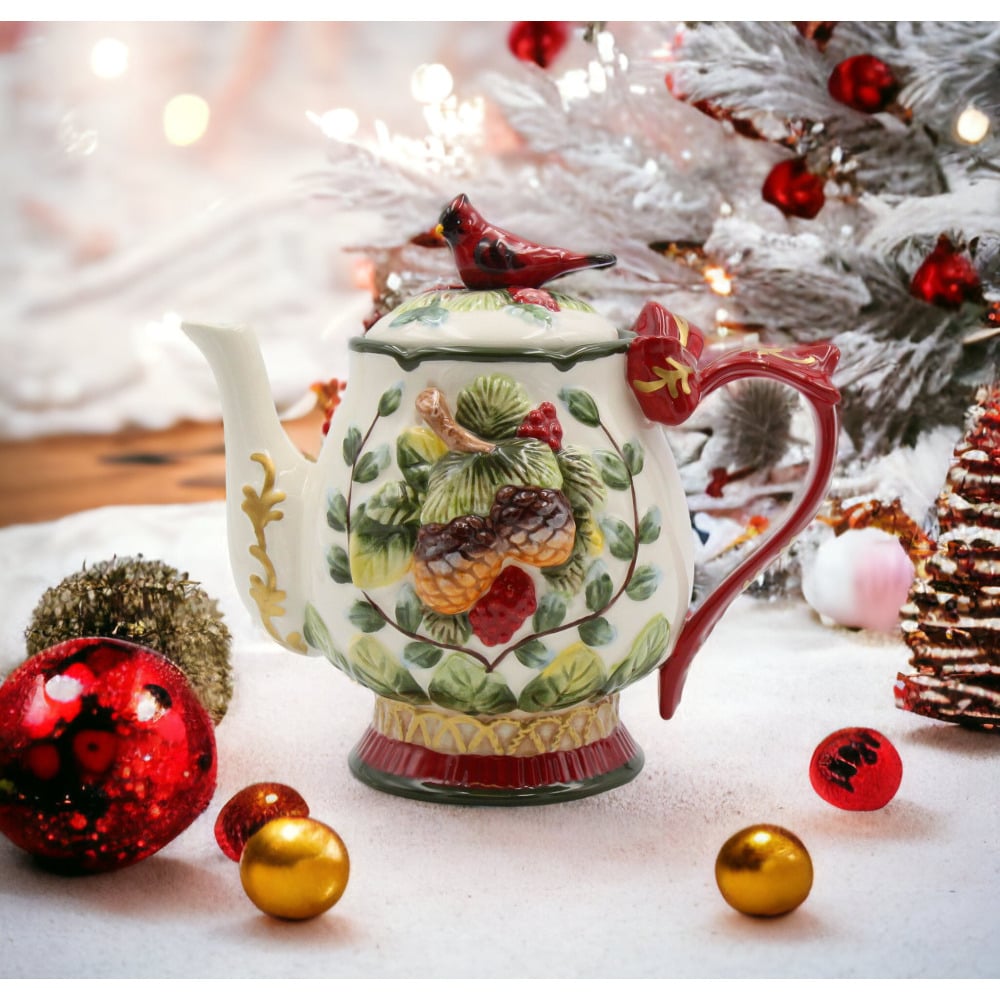 Ceramic Christmas Robin Bird Teapot 24oz Hand Painted Holiday Decor Image 1